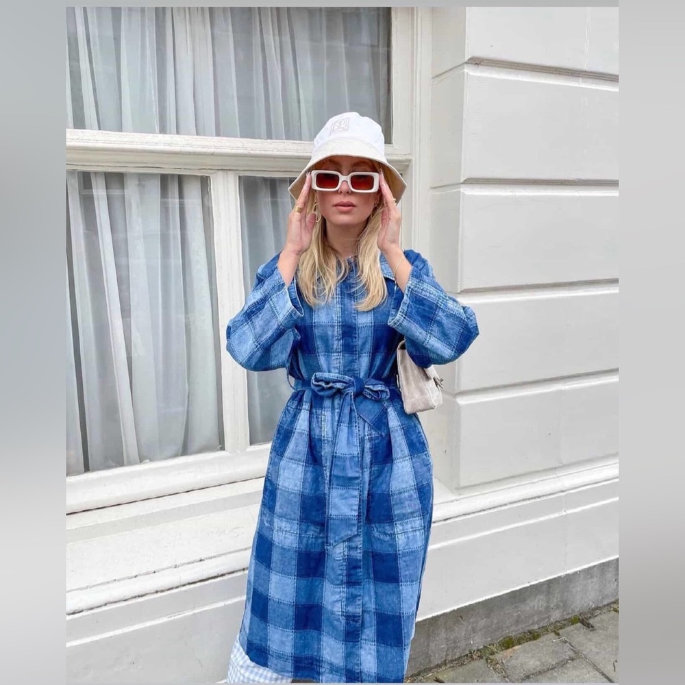 Baum und Pferdgarten blue cotton Coat Worn Indigo Plaid Check Belted EU 34 NWT - Picture 3 of 8